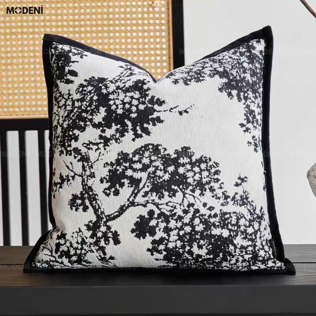 Vỏ gối sofa Flowink vải jacquard phối nhung họa tán cây thêu tay nordic