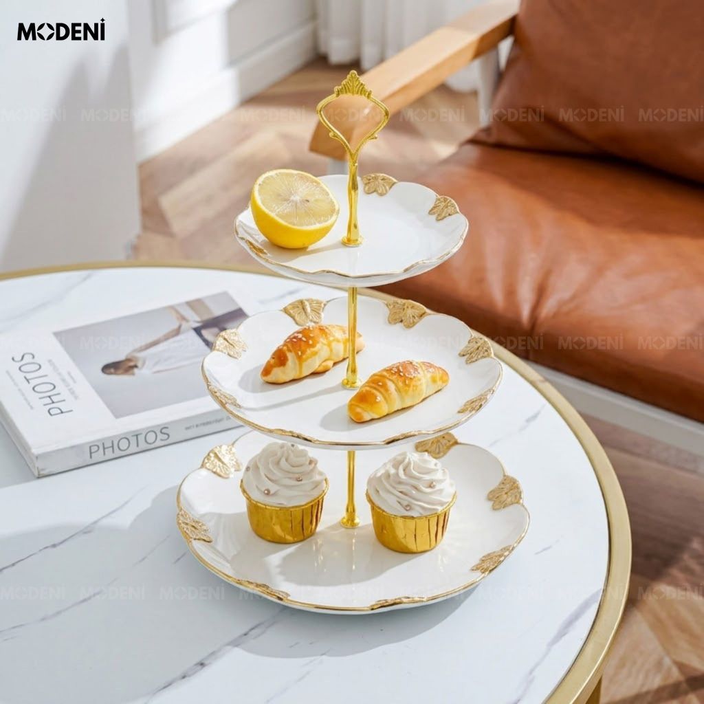 Khay 3 Tầng Mariposa Sứ Phối Kim Loại Phong Cách Châu Âu Viền Vàng Họa Tiết Bướm Cho Tiệc Trà