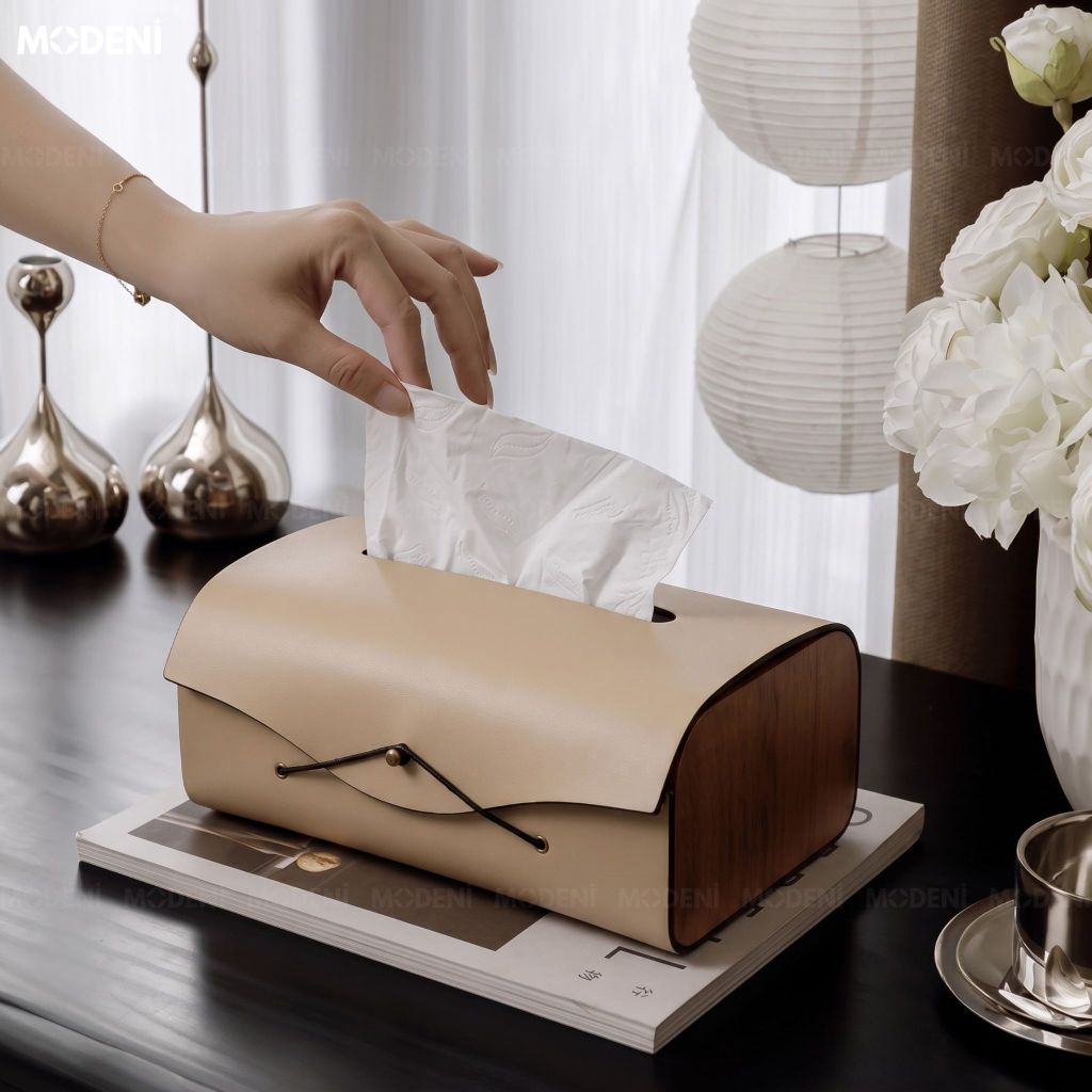 Hộp Khăn Giấy Elise Be Da Microfiber Cao Cấp Phối Ốp Vân Gỗ Japandi Tối Giản Tinh Tế Cho Phòng Ngủ Và Văn Phòng
