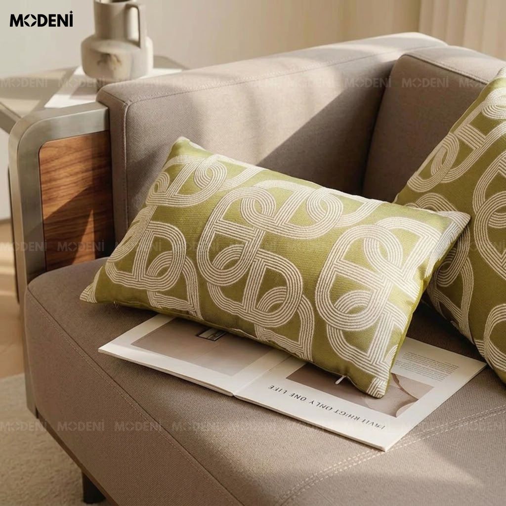 Vỏ Gối Sofa Tidal Xanh – Vải Jacquard Phối Cotton Linen Nút Dây Đan