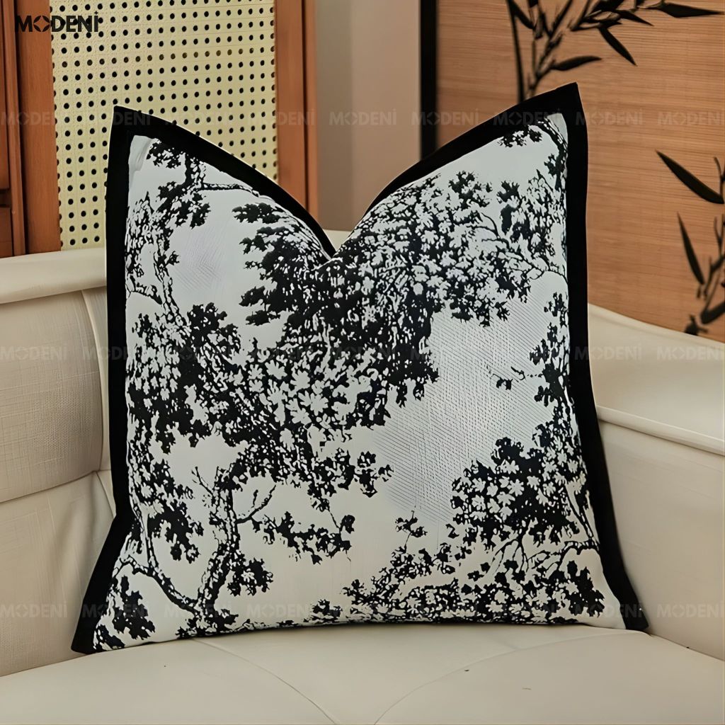 Vỏ gối sofa Flowink vải jacquard phối nhung họa tán cây thêu tay nordic