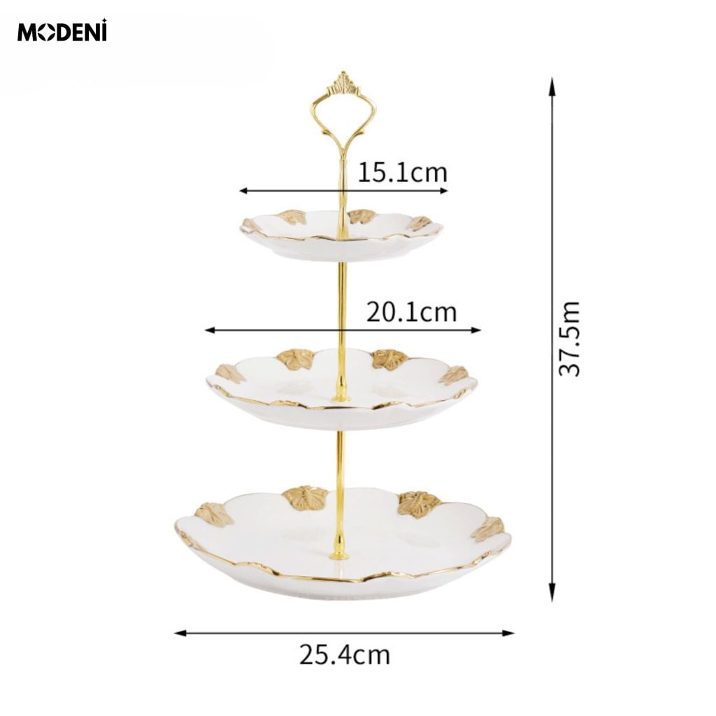 Khay 3 Tầng Mariposa Sứ Phối Kim Loại Phong Cách Châu Âu Viền Vàng Họa Tiết Bướm Cho Tiệc Trà