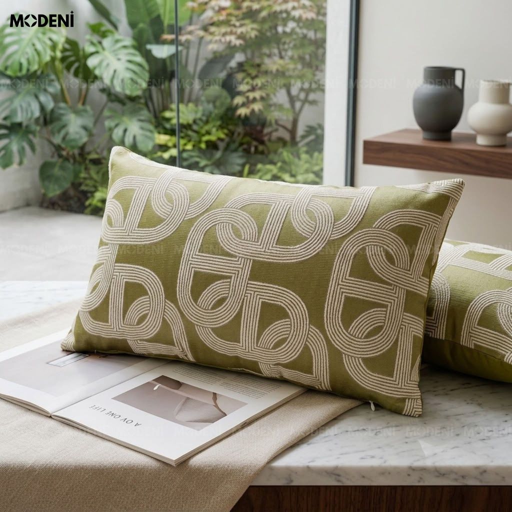 Vỏ Gối Sofa Tidal Xanh – Vải Jacquard Phối Cotton Linen Nút Dây Đan