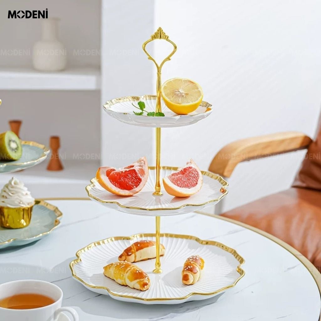 Khay 3 Tầng Magnolia Sứ Trắng Khung Mạ Gold Sang Trọng Viền Tạo Hình Cánh Hoa Cho Quà Tặng Tân Gia