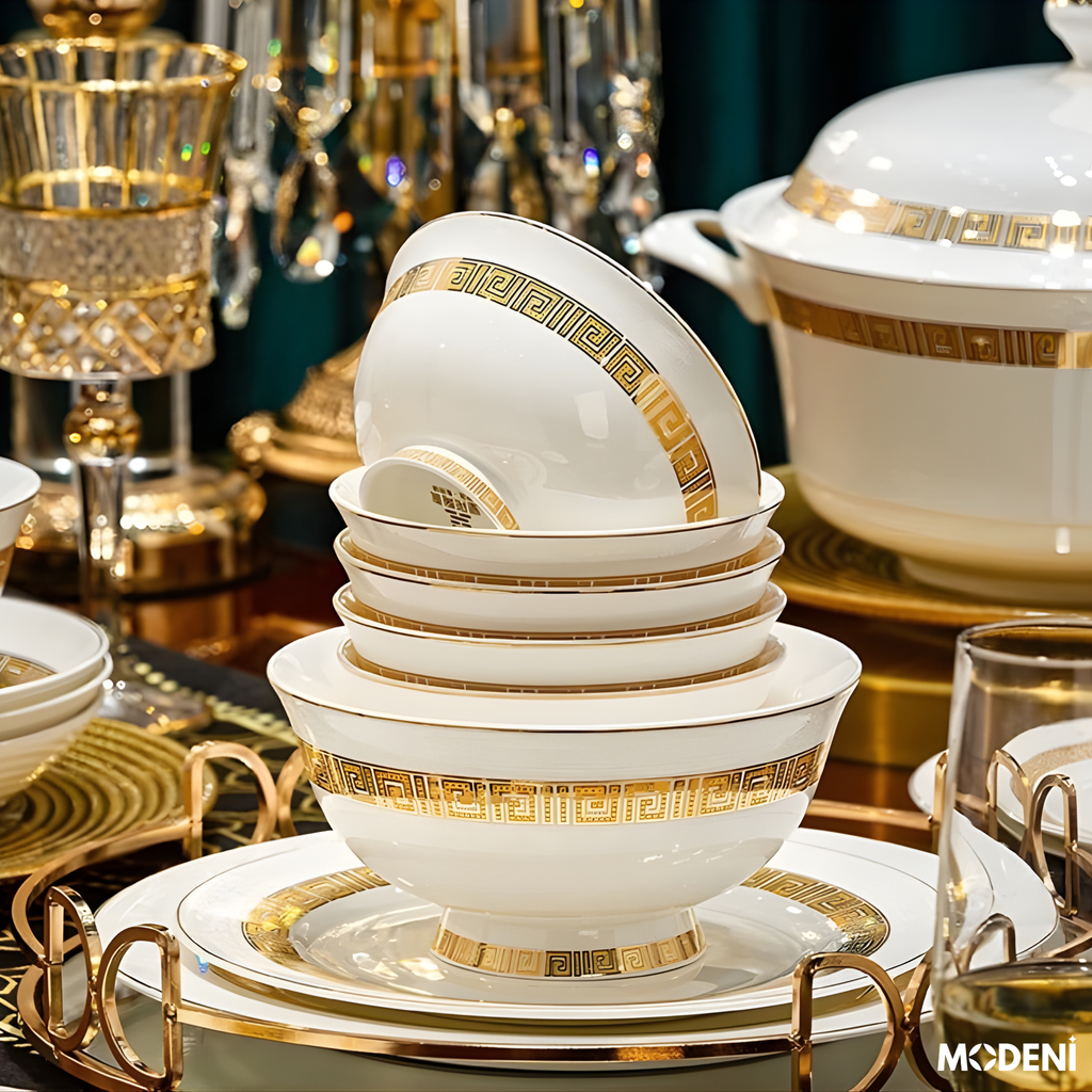 Bộ Chén Đĩa Sứ Xương Trevi Cao Cấp Viền Vàng Ánh Kim – Nghệ Thuật Hoàng Gia Cho Bàn Ăn Hiện Đại (không thố)