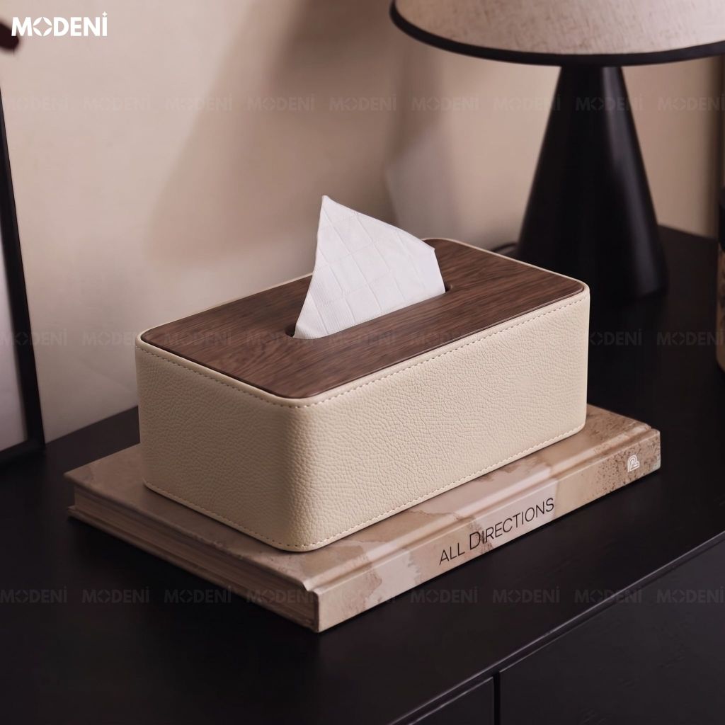 Hộp Khăn Giấy Bruno Be Da PU Cao Cấp Phối Vân Gỗ Cho Phòng Khách Sang Trọng