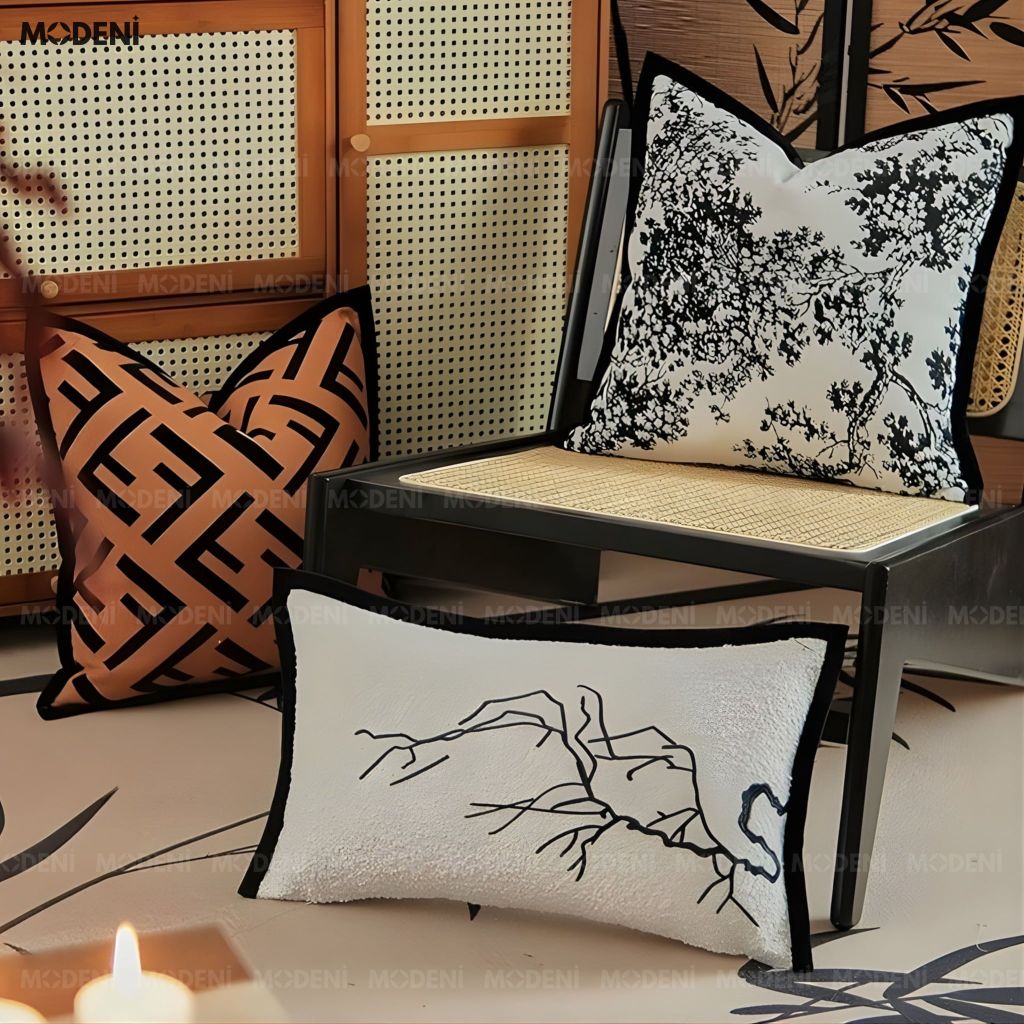 Vỏ gối sofa Flowink vải jacquard phối nhung họa tán cây thêu tay nordic