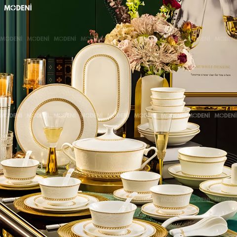  Bộ Chén Đĩa Sứ Xương Cao Cấp Valeria Gold – Họa Tiết Khắc Nổi Sang Trọng Phối Viền Vàng Kim Thanh Lịch, Tinh Hoa Nghệ Thuật Bàn Tiệc Hiện Đại 