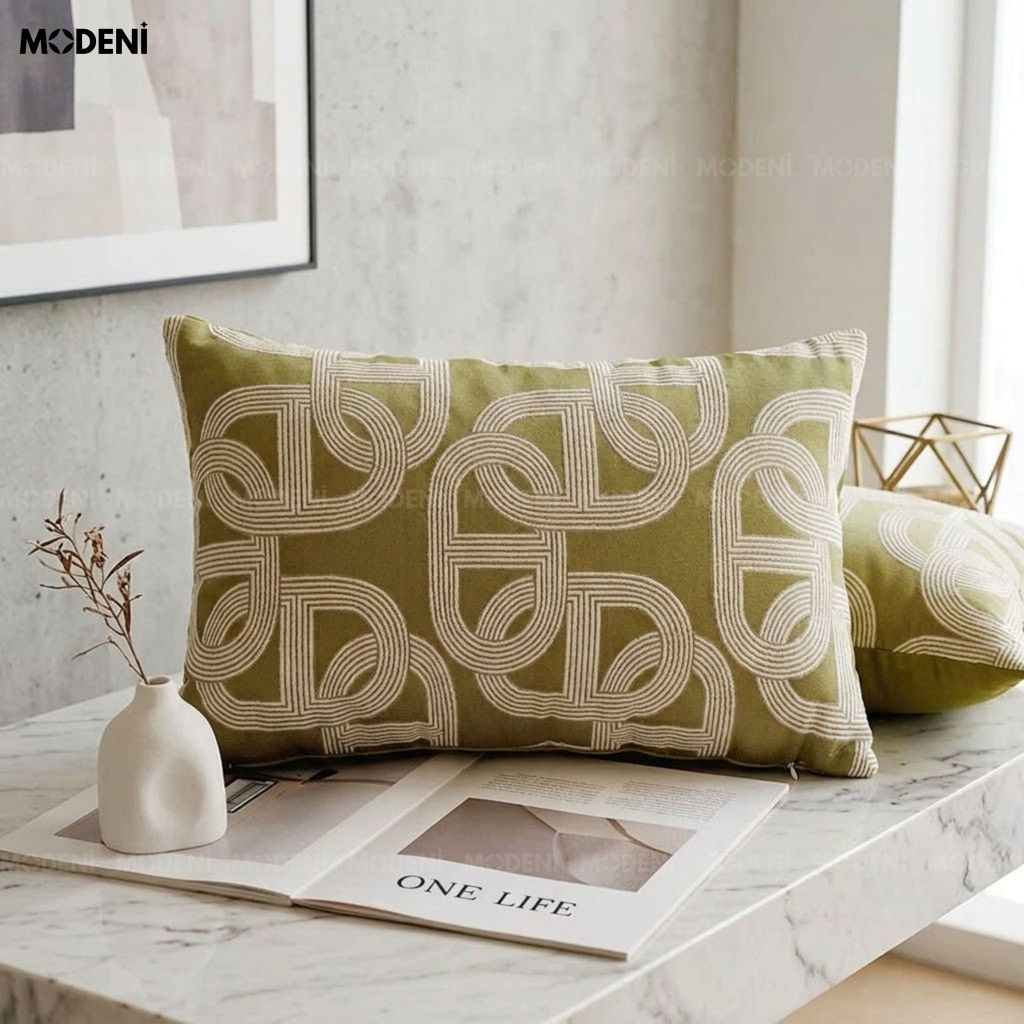 Vỏ Gối Sofa Tidal Xanh – Vải Jacquard Phối Cotton Linen Nút Dây Đan