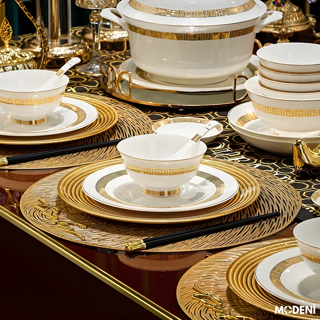 Bộ Chén Đĩa Sứ Xương Trevi Cao Cấp Viền Vàng Ánh Kim – Nghệ Thuật Hoàng Gia Cho Bàn Ăn Hiện Đại