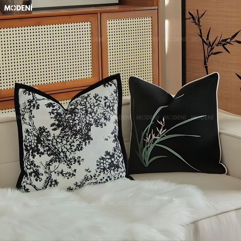 Vỏ gối sofa Flowink vải jacquard phối nhung họa tán cây thêu tay nordic