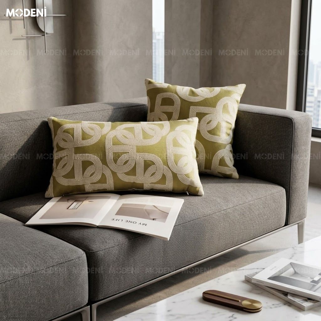 Vỏ Gối Sofa Tidal Xanh – Vải Jacquard Phối Cotton Linen Nút Dây Đan
