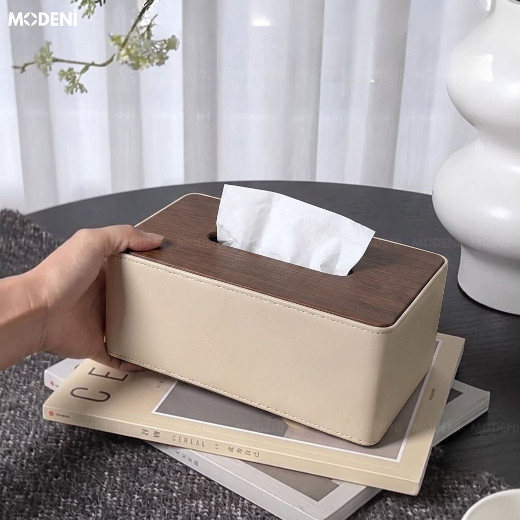 Hộp Khăn Giấy Bruno Be Da PU Cao Cấp Phối Vân Gỗ Cho Phòng Khách Sang Trọng