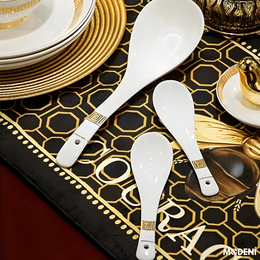 Bộ Chén Đĩa Sứ Xương Trevi Cao Cấp Viền Vàng Ánh Kim – Nghệ Thuật Hoàng Gia Cho Bàn Ăn Hiện Đại (không thố)