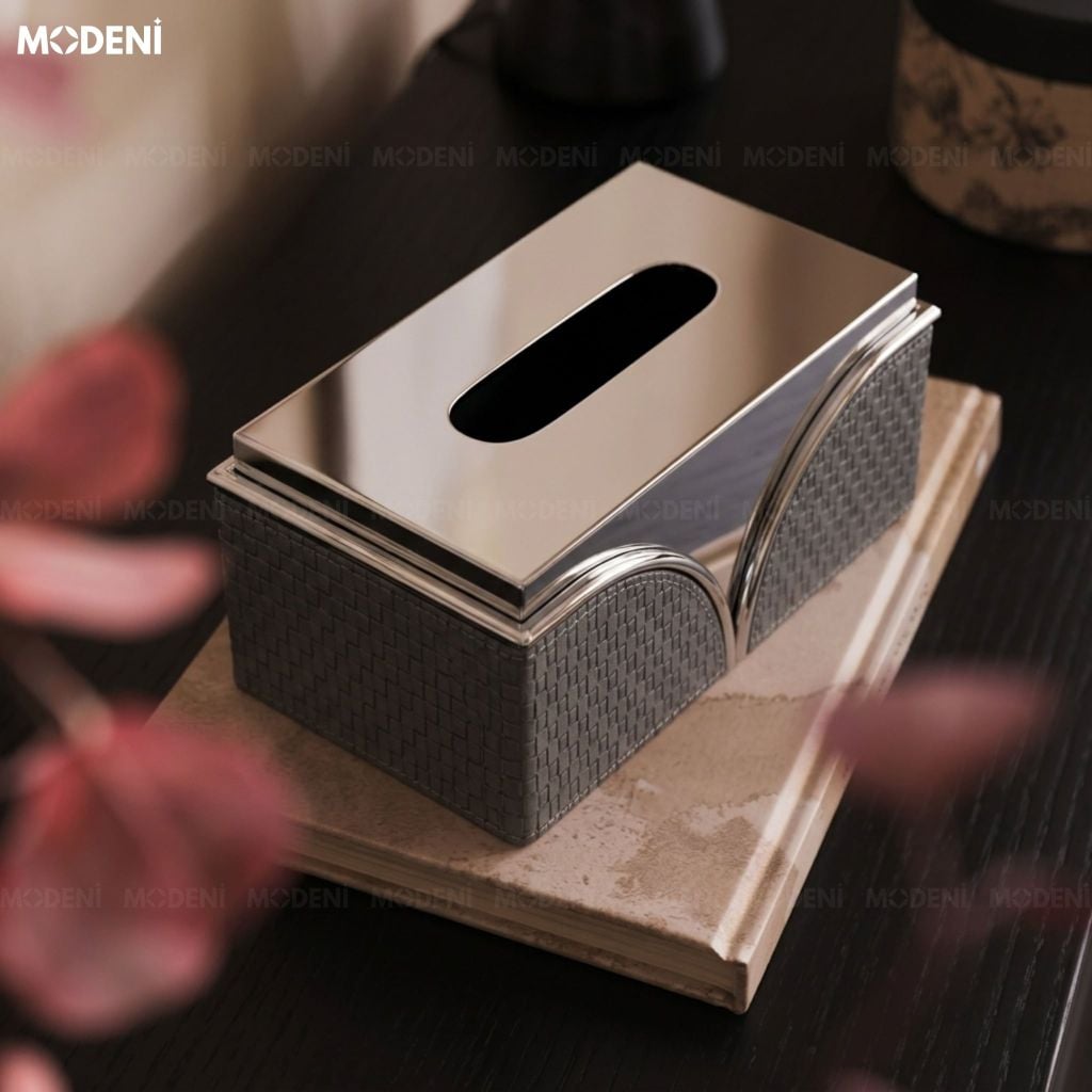 Hộp Khăn Giấy Hilary Kim Loại Bọc Da PU Cao Cấp Vân Caro Chống Bám Bụi Cho Phòng Khách Sang Trọng