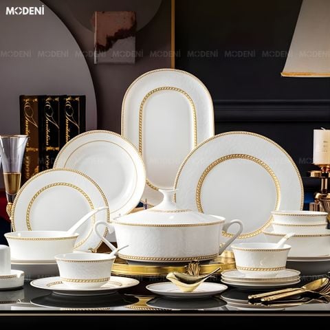  Bộ Chén Đĩa Sứ Xương Cao Cấp Valeria Gold – Họa Tiết Khắc Nổi Sang Trọng Phối Viền Vàng Kim Thanh Lịch, Tinh Hoa Nghệ Thuật Bàn Tiệc Hiện Đại 