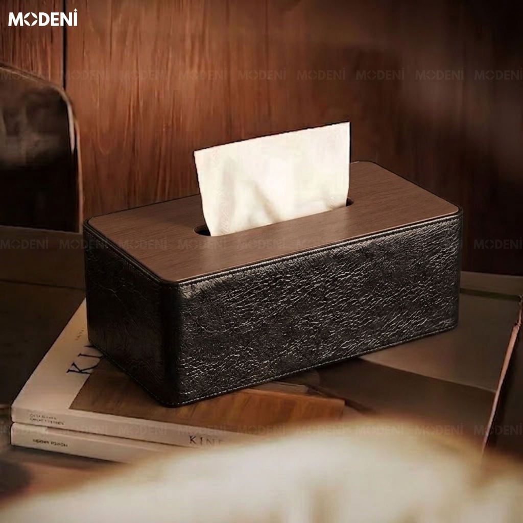 Hộp Khăn Giấy Cedar Xám Da PU Cao Cấp Phối Vân Gỗ Cho Phòng Khách Sang Trọng