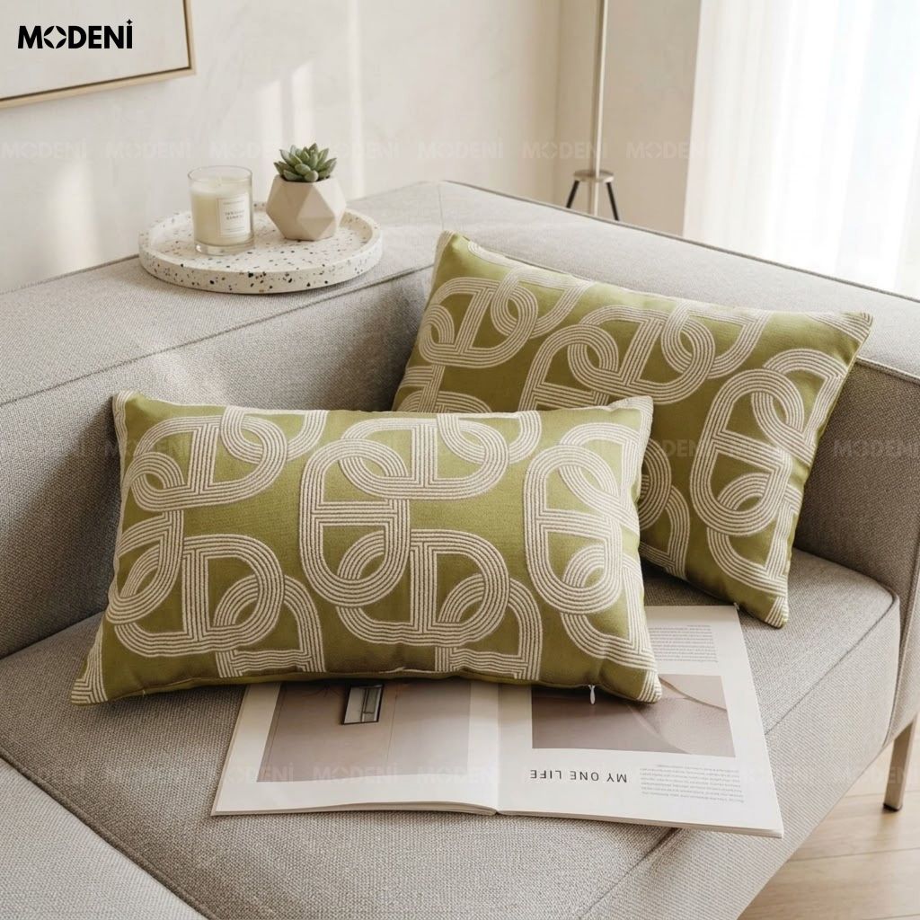 Vỏ Gối Sofa Tidal Xanh – Vải Jacquard Phối Cotton Linen Nút Dây Đan