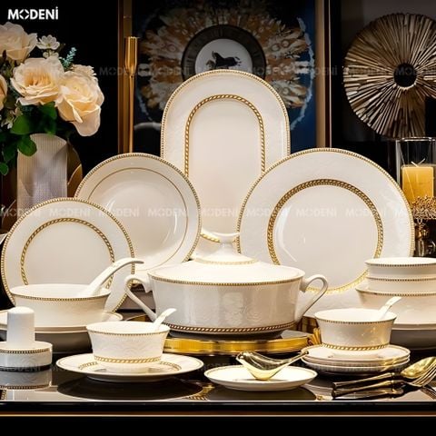  Bộ Chén Đĩa Sứ Xương Cao Cấp Valeria Gold – Họa Tiết Khắc Nổi Sang Trọng Phối Viền Vàng Kim Thanh Lịch, Tinh Hoa Nghệ Thuật Bàn Tiệc Hiện Đại 