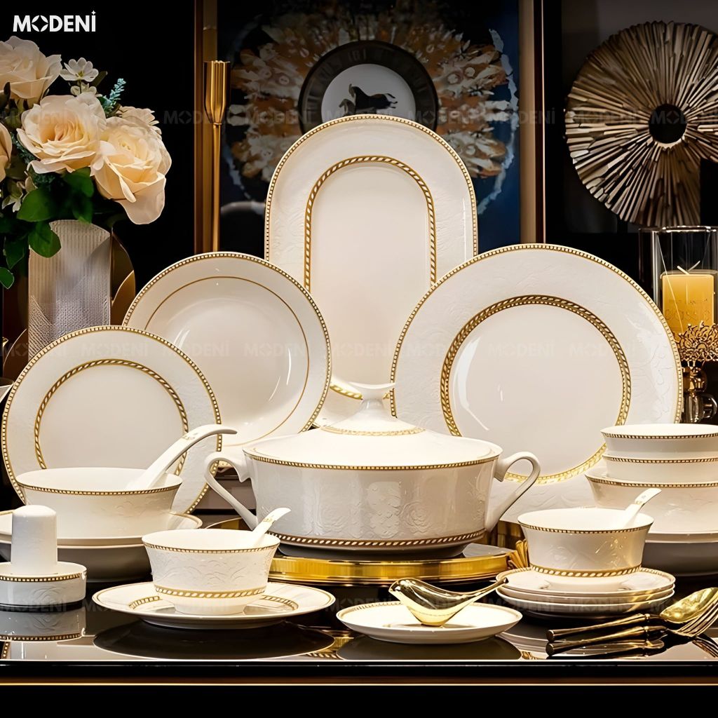 Bộ Chén Đĩa Sứ Xương Cao Cấp Valeria Gold – Họa Tiết Khắc Nổi Sang Trọng Phối Viền Vàng Kim Thanh Lịch, Tinh Hoa Nghệ Thuật Bàn Tiệc Hiện Đại