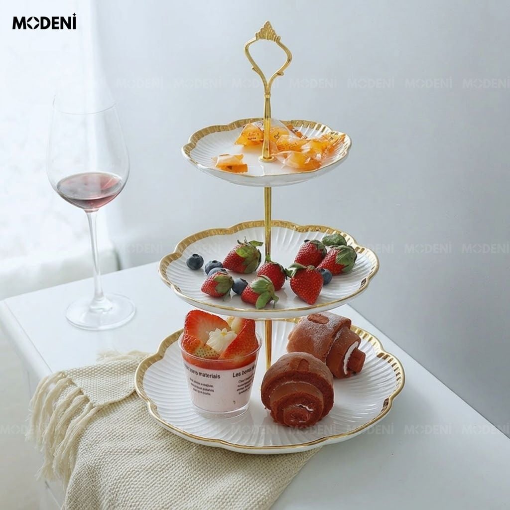Khay 3 Tầng Magnolia Sứ Trắng Khung Mạ Gold Sang Trọng Viền Tạo Hình Cánh Hoa Cho Quà Tặng Tân Gia