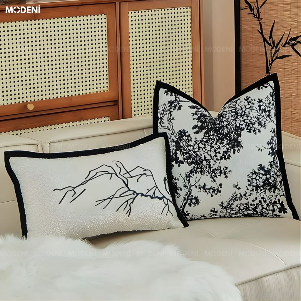 Vỏ gối sofa Flowink vải jacquard phối nhung họa tán cây thêu tay nordic