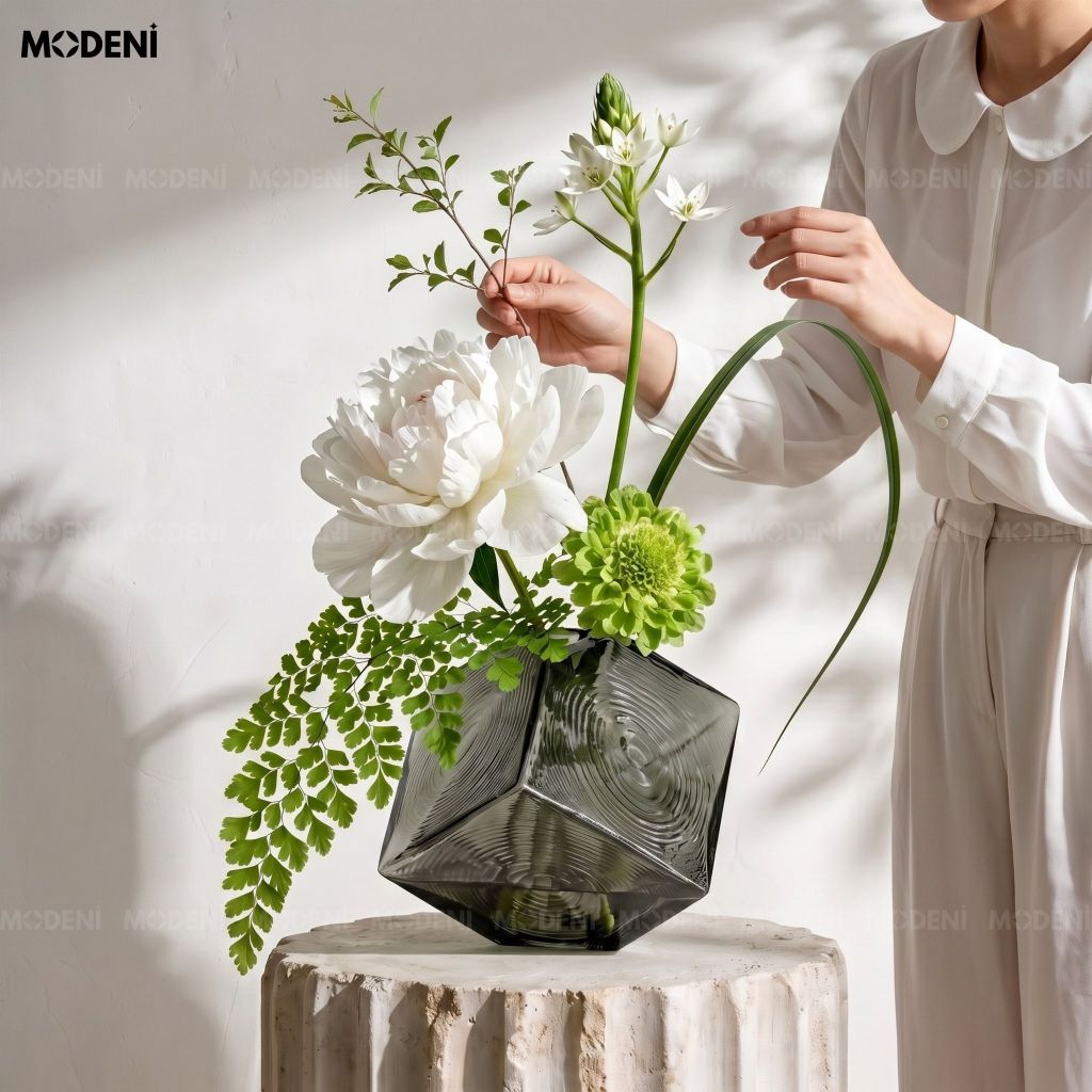 Bình Hoa Smoke Geometry Thủy Tinh Khối Đa Giác Xám Khói Phong Cách Đương Đại