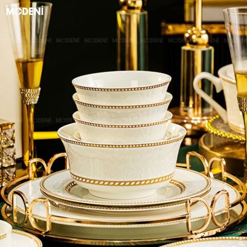  Bộ Chén Đĩa Sứ Xương Cao Cấp Valeria Gold – Họa Tiết Khắc Nổi Sang Trọng Phối Viền Vàng Kim Thanh Lịch, Tinh Hoa Nghệ Thuật Bàn Tiệc Hiện Đại 