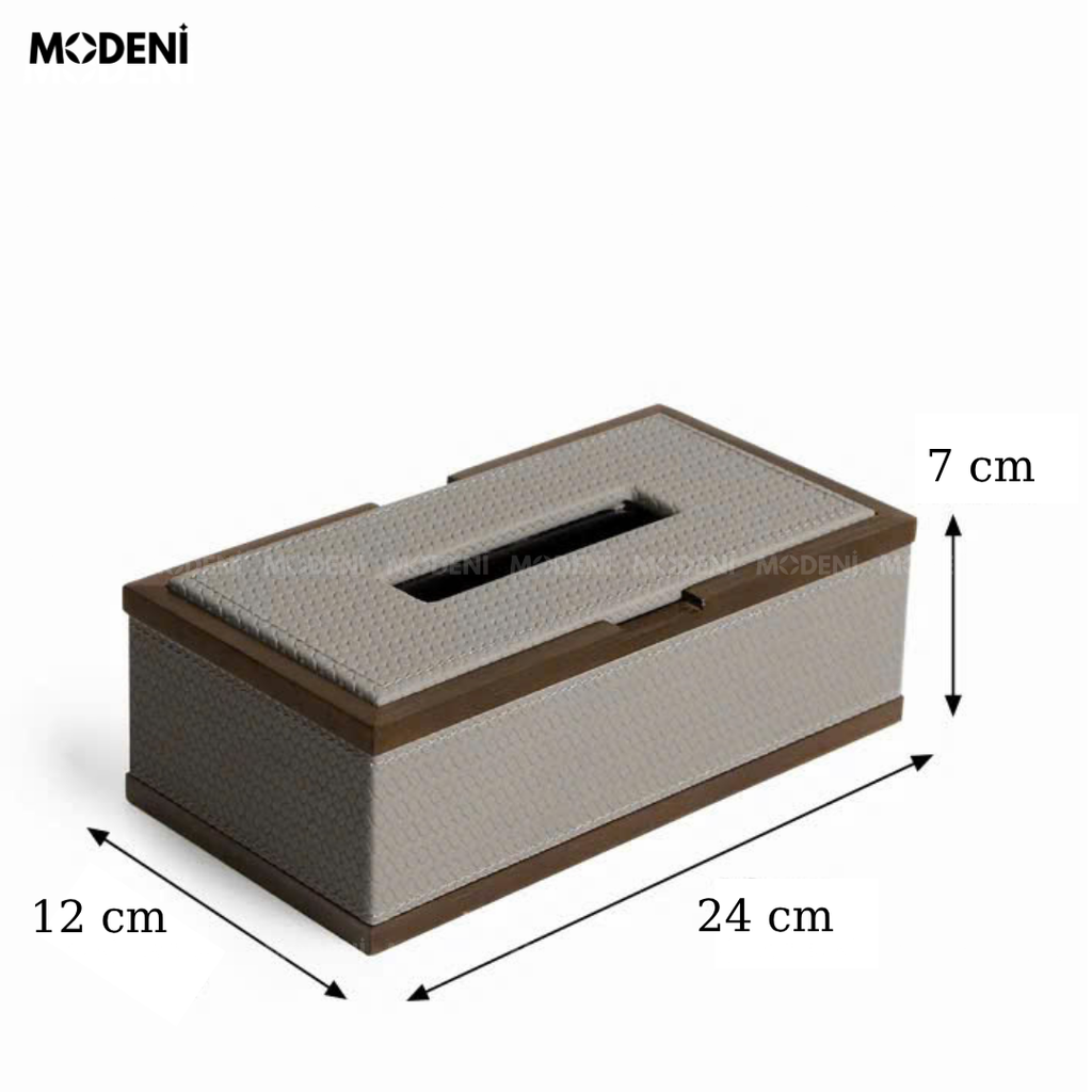 Hộp khăn giấy Orna xám gỗ phối da cao cấp phong cách Japandi tối giản sang trọng cho phòng ngủ và văn phòng