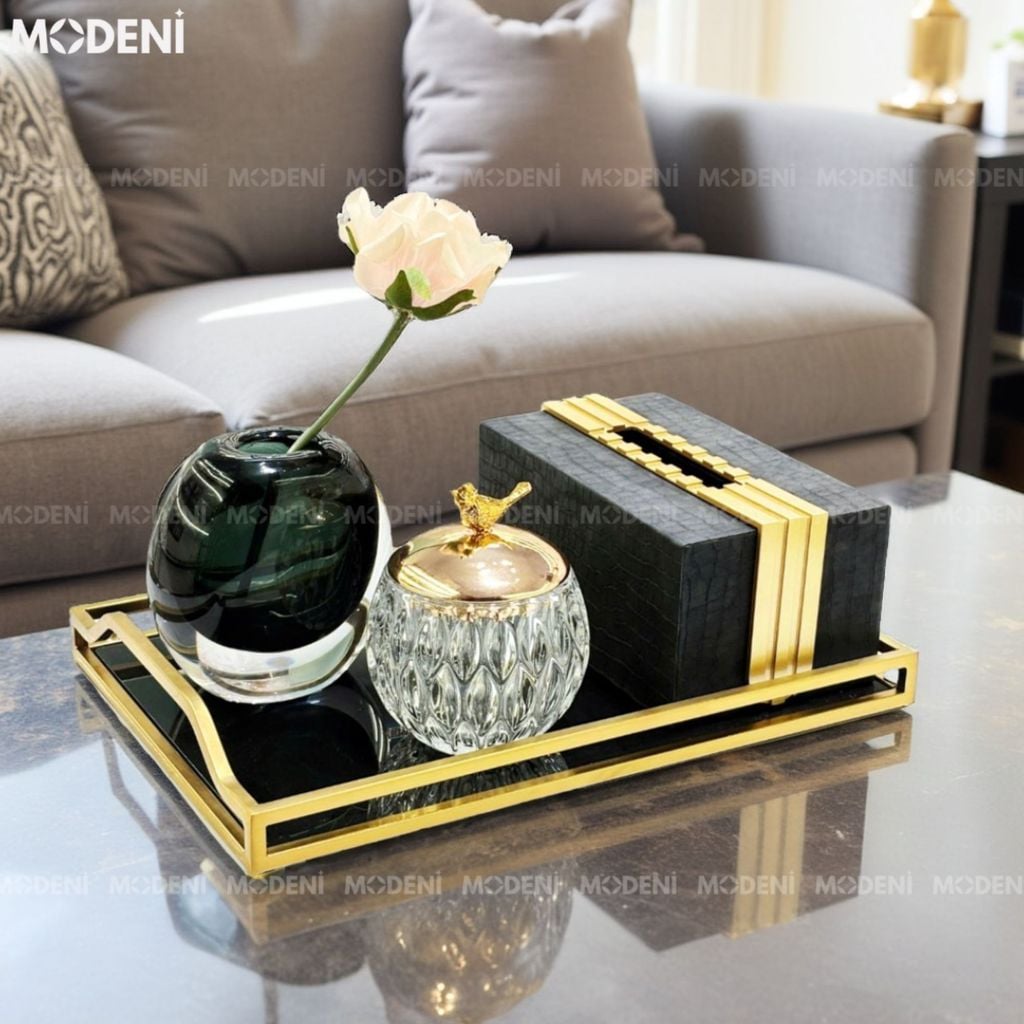 Khay Barocco Chữ Nhật – Decor Luxury Viền Vàng Mặt Gương Đen – Sang Trọng, Tinh Xảo Cho Bàn Console, Bàn Sofa Phong Cách Châu Âu Hiện Đại