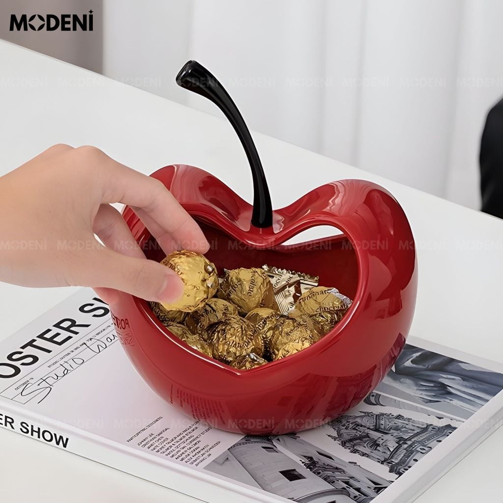 Hủ Đựng Trái Cây Crimson Gốm Sứ Họa Tiết Trơn Phối Tay Cầm Mạ Chrome Không Gỉ – Dùng Cho Bàn Ăn Hiện Đại