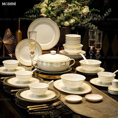  Bộ Chén Đĩa Sứ Xương Elara Cao Cấp – Viền Vàng Ngọc Trai Tinh Xảo, Mang Đậm Khí Chất Hoàng Gia Cho Bàn Tiệc Sang Trọng 