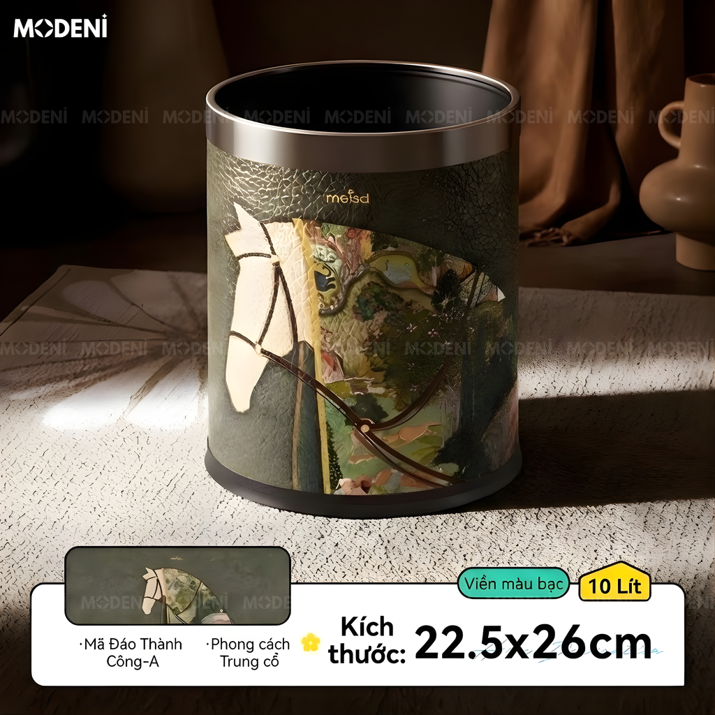 Thùng Rác Monolith Xanh Da Cao Cấp Viền Kim Loại Ánh Bạc Nghệ Thuật Cho Không Gian Sinh Hoạt Sang Trọng