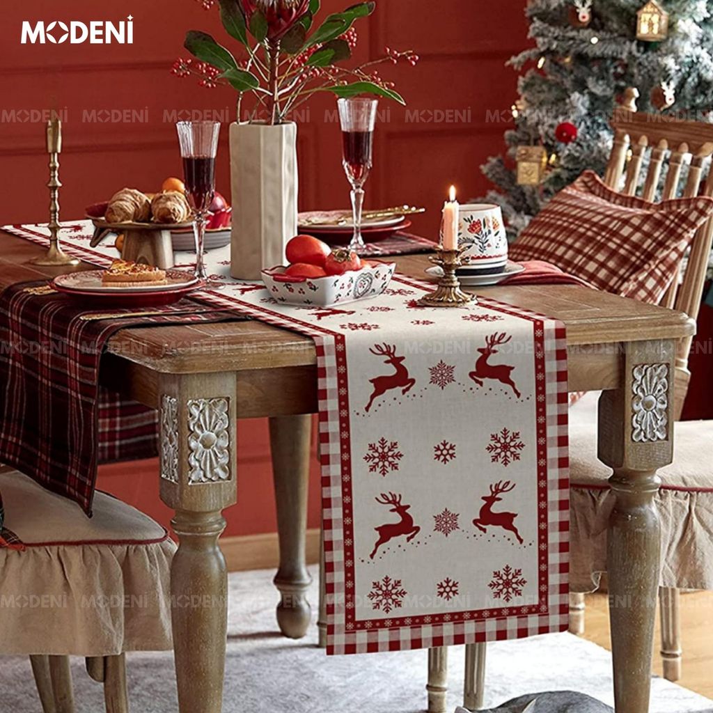 Khăn Trải Bàn Table Runner White Deer Cao Cấp – Trang Trí Giáng Sinh “Tuần Lộc Trên Tuyết” Nghệ Thuật – Table Runner Red Vintage