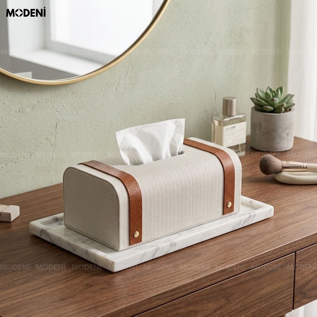 Hộp Khăn Giấy Kavet Da PU Phối Quai Nâu Dáng Rương Cổ Điển Màu Trắng Chống Bám Bụi Cho Bàn Trà Phòng Khách