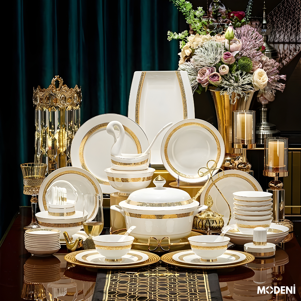 Bộ Chén Đĩa Sứ Xương Trevi Cao Cấp Viền Vàng Ánh Kim – Nghệ Thuật Hoàng Gia Cho Bàn Ăn Hiện Đại