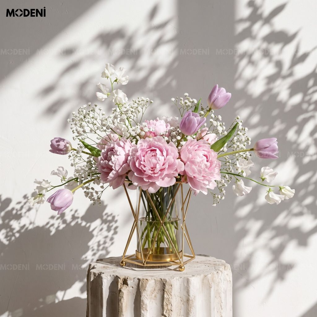 Lọ Hoa Swirling Light – Bình hoa thủy tinh decor hiện đại – Khung kim loại mạ vàng sang trọng – Kích thước 18x15cm, phù hợp bàn tiệc hoặc phòng khách