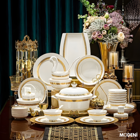  Bộ Chén Đĩa Sứ Xương Trevi Cao Cấp Viền Vàng Ánh Kim – Nghệ Thuật Hoàng Gia Cho Bàn Ăn Hiện Đại (không thố) 