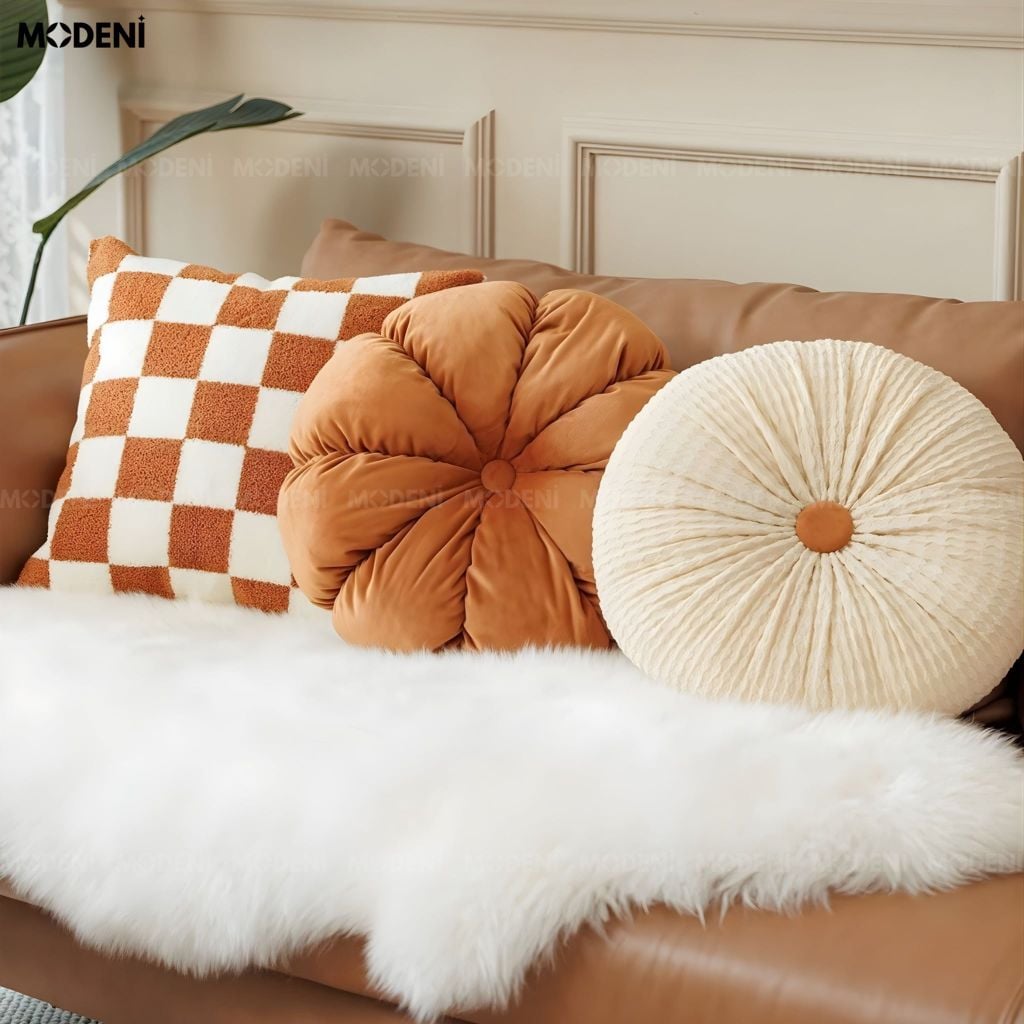 Vỏ Gối Sofa Lingo – Vải Nhung Tuyết Họa Tiết Múi Tròn Retro
