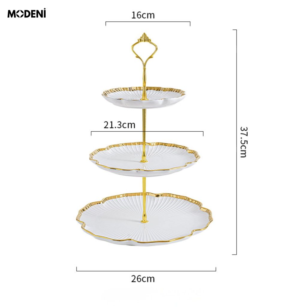 Khay 3 Tầng Magnolia Sứ Trắng Khung Mạ Gold Sang Trọng Viền Tạo Hình Cánh Hoa Cho Quà Tặng Tân Gia