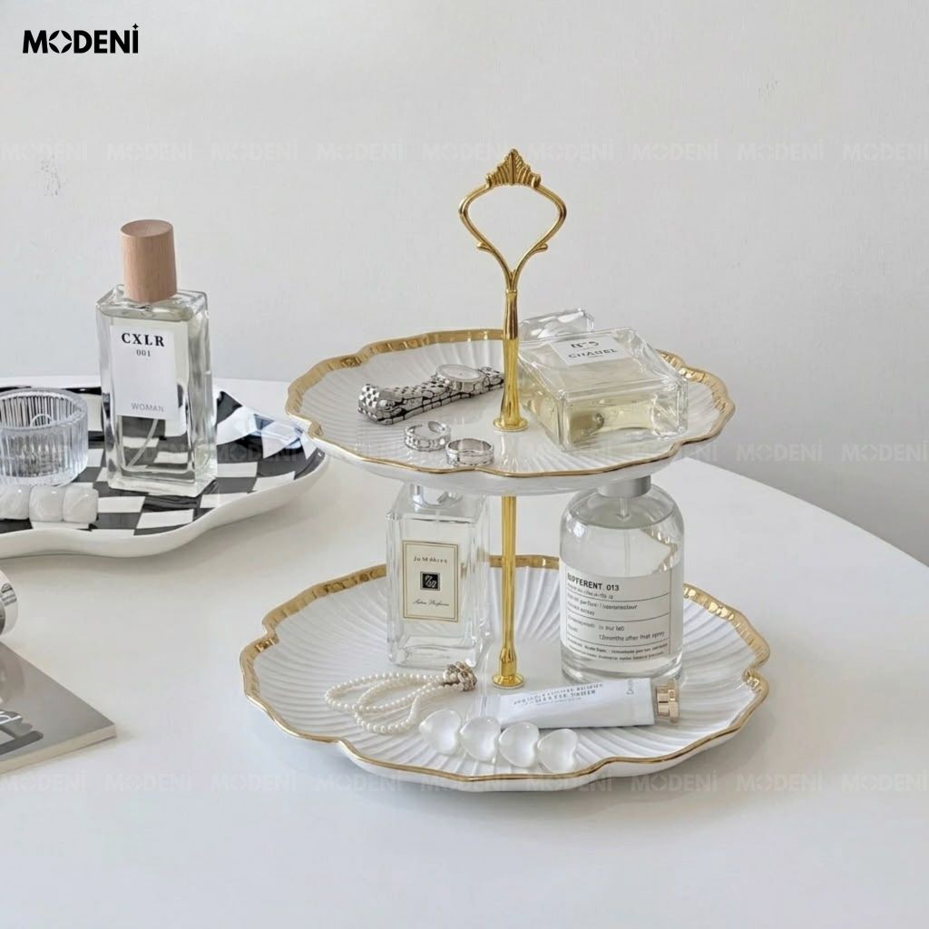 Khay 2 Tầng Magnolia Sứ Trắng Khung Mạ Gold Sang Trọng Viền Tạo Hình Cánh Hoa Cho Quà Tặng Tân Gia