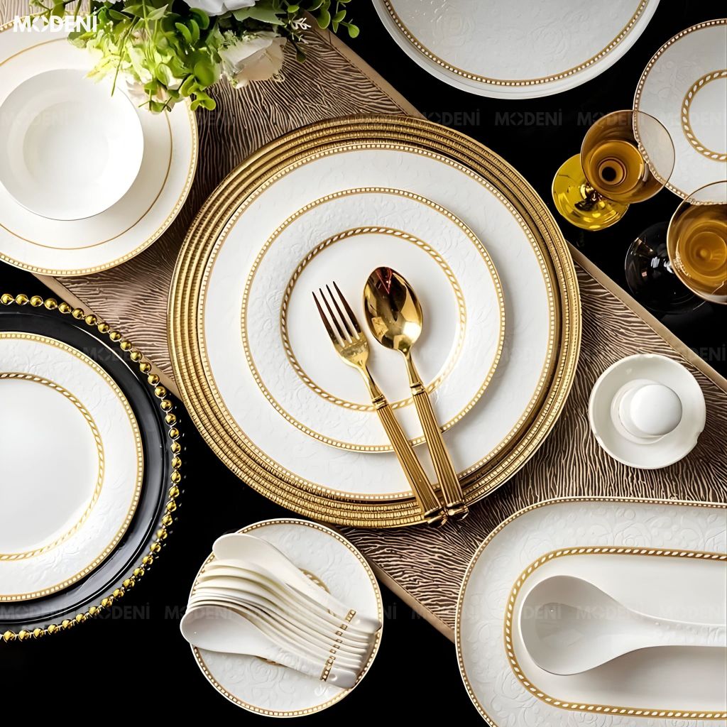 Bộ Chén Đĩa Sứ Xương Cao Cấp Valeria Gold – Họa Tiết Khắc Nổi Sang Trọng Phối Viền Vàng Kim Thanh Lịch, Tinh Hoa Nghệ Thuật Bàn Tiệc Hiện Đại