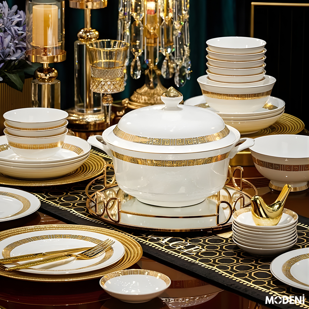 Bộ Chén Đĩa Sứ Xương Trevi Cao Cấp Viền Vàng Ánh Kim – Nghệ Thuật Hoàng Gia Cho Bàn Ăn Hiện Đại (không thố)