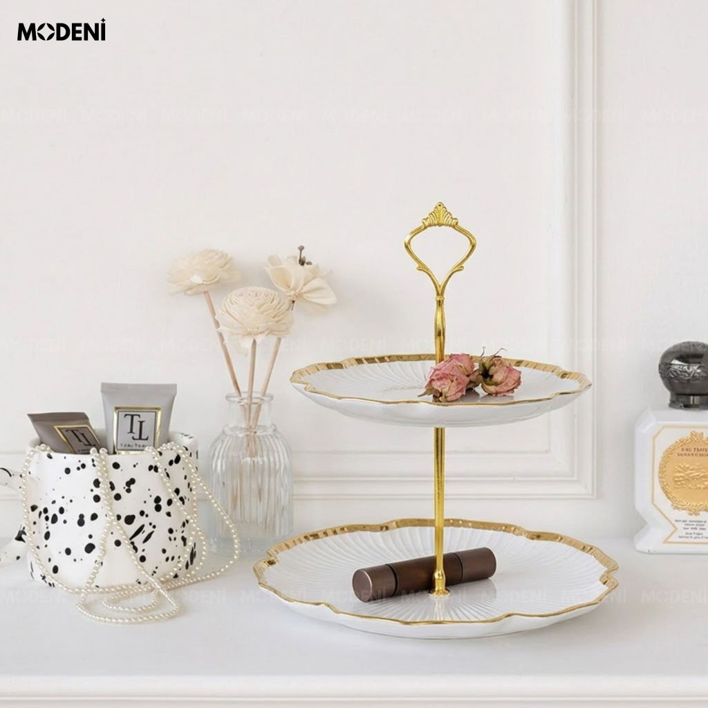 Khay 2 Tầng Magnolia Sứ Trắng Khung Mạ Gold Sang Trọng Viền Tạo Hình Cánh Hoa Cho Quà Tặng Tân Gia