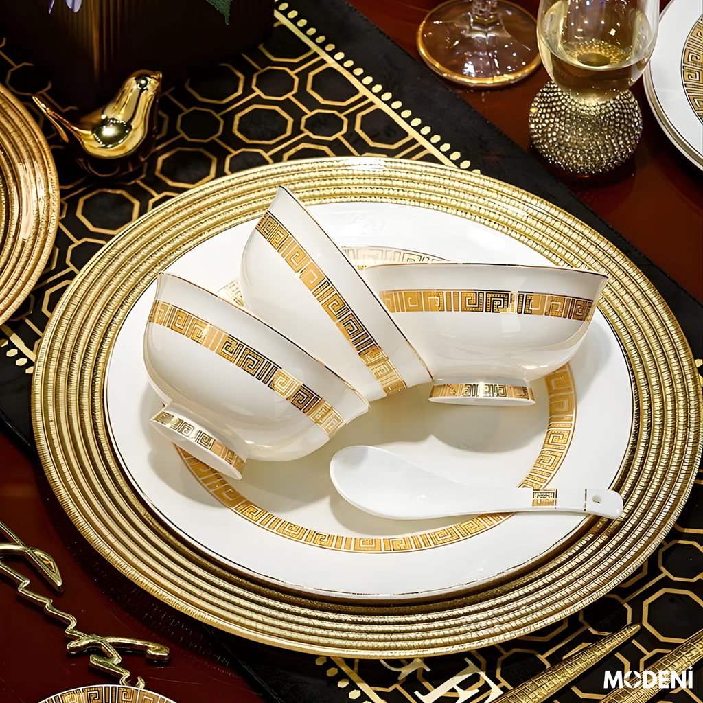 Bộ Chén Đĩa Sứ Xương Trevi Cao Cấp Viền Vàng Ánh Kim – Nghệ Thuật Hoàng Gia Cho Bàn Ăn Hiện Đại (không thố)
