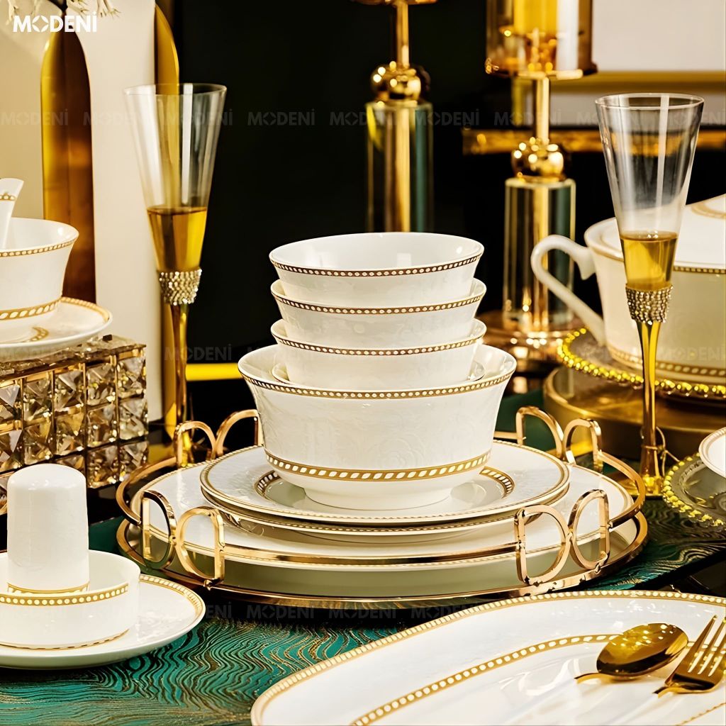 Bộ Chén Đĩa Sứ Xương Cao Cấp Valeria Gold – Họa Tiết Khắc Nổi Sang Trọng Phối Viền Vàng Kim Thanh Lịch, Tinh Hoa Nghệ Thuật Bàn Tiệc Hiện Đại
