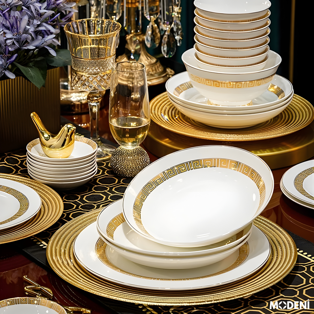 Bộ Chén Đĩa Sứ Xương Trevi Cao Cấp Viền Vàng Ánh Kim – Nghệ Thuật Hoàng Gia Cho Bàn Ăn Hiện Đại (không thố)