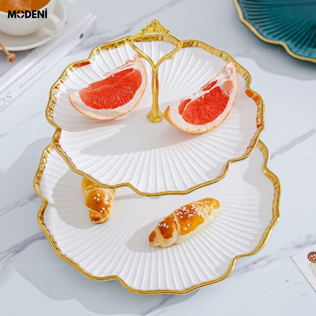 Khay 2 Tầng Magnolia Sứ Trắng Khung Mạ Gold Sang Trọng Viền Tạo Hình Cánh Hoa Cho Quà Tặng Tân Gia