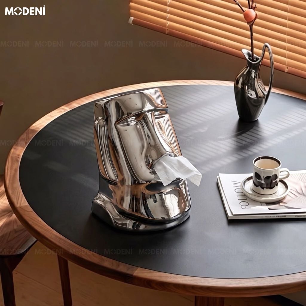 Hộp Khăn Giấy Moai Silver Gốm Sứ Cao Cấp Tráng Bạc Nghệ Thuật Hiện Đại Độc Đáo Cho Phòng Khách Và Văn Phòng