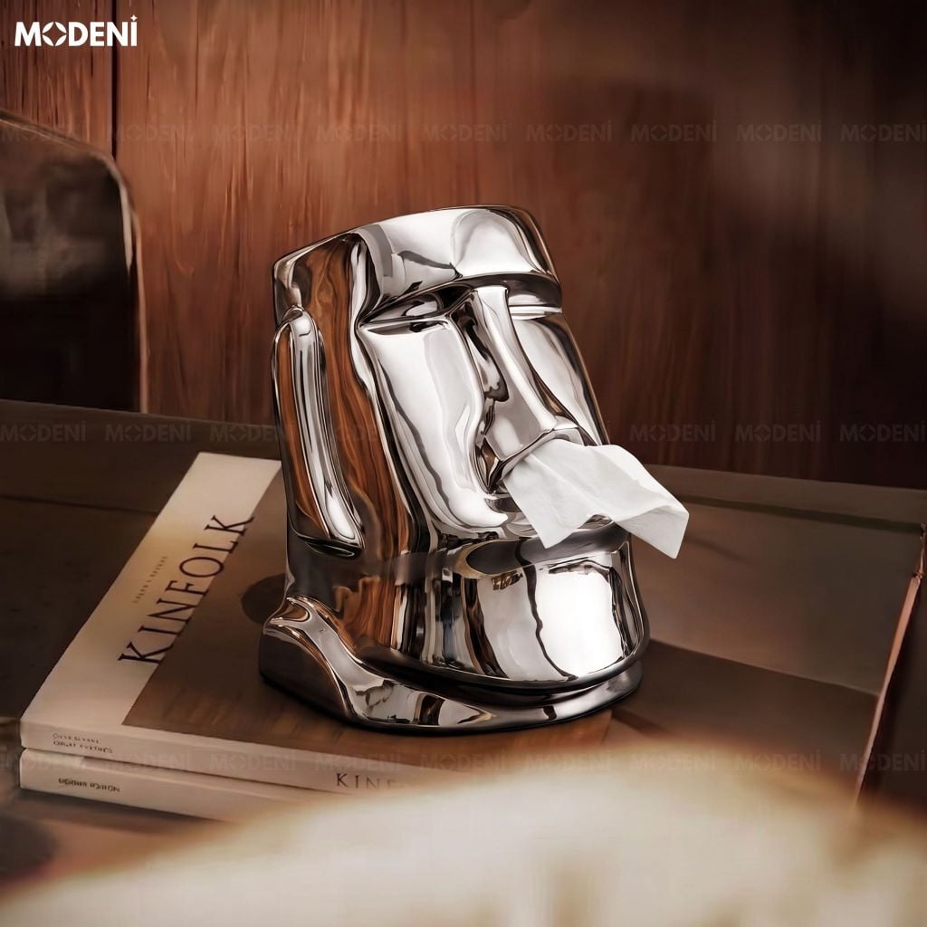 Hộp Khăn Giấy Moai Silver Gốm Sứ Cao Cấp Tráng Bạc Nghệ Thuật Hiện Đại Độc Đáo Cho Phòng Khách Và Văn Phòng
